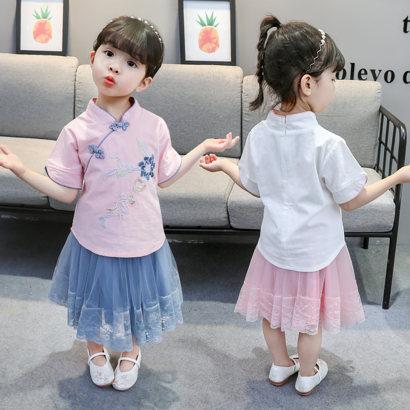 Children&#39;s costume 2019 summer girl suit Chinese style Dress Children Western style Hanfu Retro Ruskirt