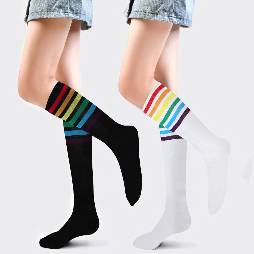 春秋過膝兒童襪子棉 彩虹條中筒襪學生女童舞蹈襪子運動襪足球襪