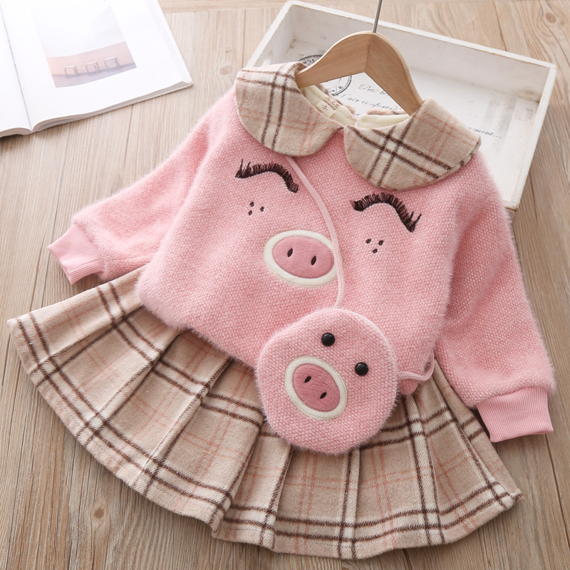 Girls Plush Doll Collar Piggy Sweater Plaid Skirt Winter Cute Padded Skirt One Generation E94044