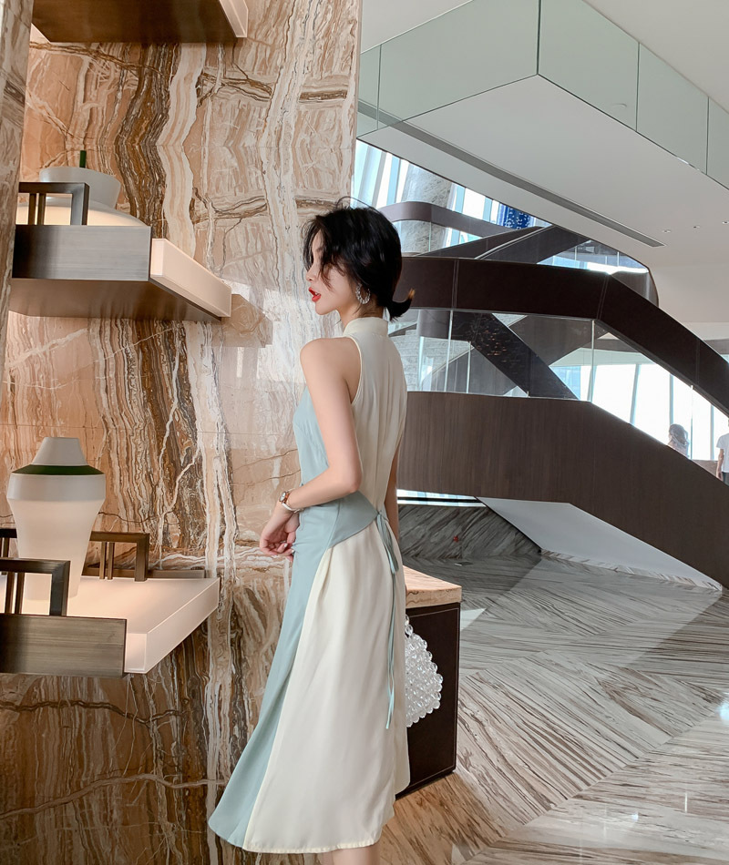 Đầm maxi nữ thắt eo cổ buộc dây xếp ly thanh lịch — Màu xanh lam chi tiết 8