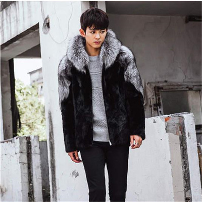 2020秋冬仿皮草男装连帽狐狸毛皮毛一体大衣水貂毛貂皮大衣外套潮