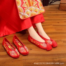 2022新款新娘婚鞋中式绣花布鞋女上轿鞋红色结婚鞋子平底一件代发