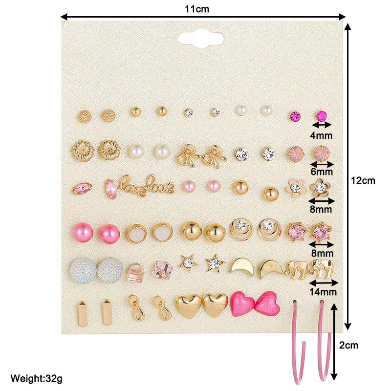 Pink Love Cute 30 Pairs Stud Earring Set Golden Moon Earrings Ornaments display picture 1