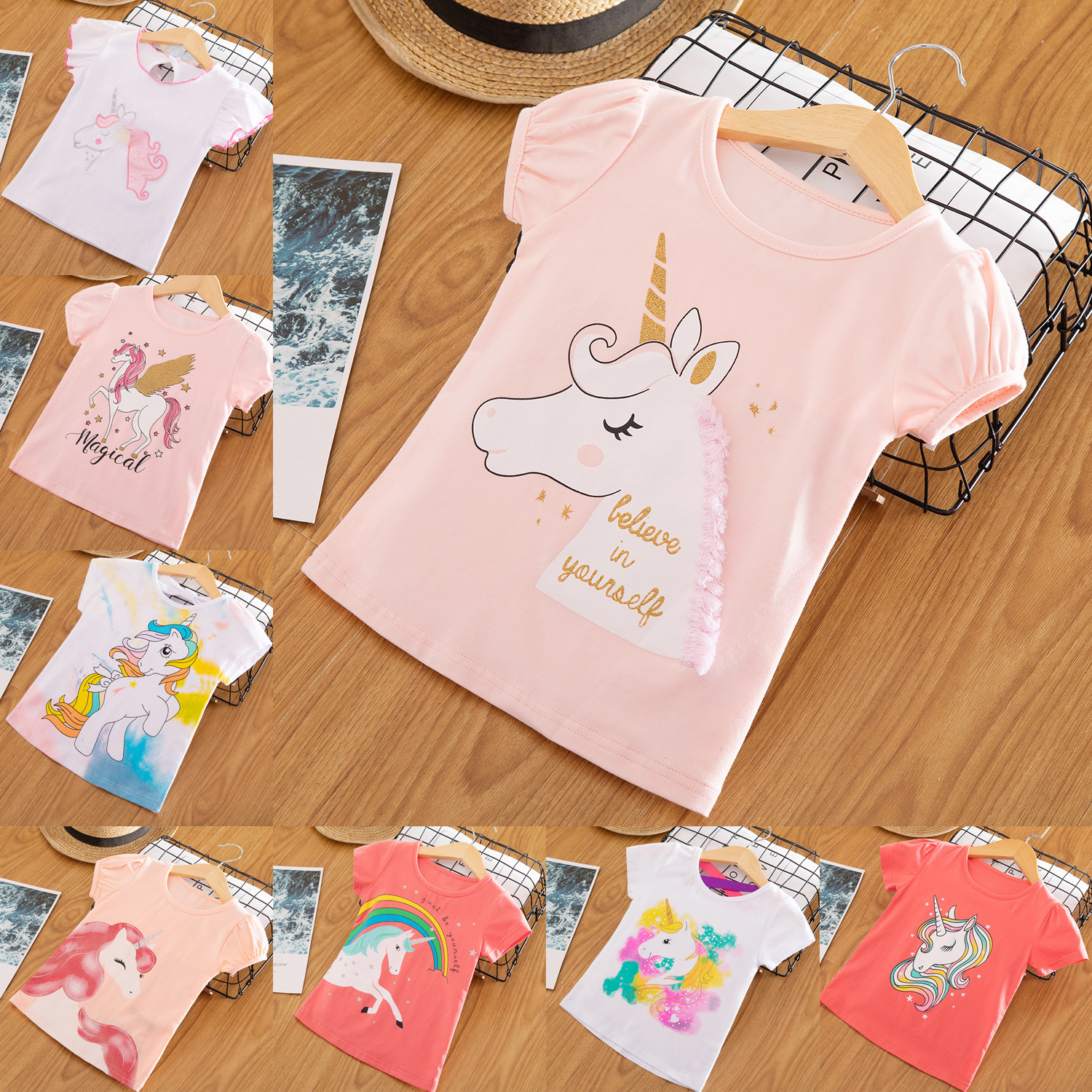 Cross border hot selling ins hot children's wear Amazon / express Unicorn pink t-shirt + color yarn skirt set