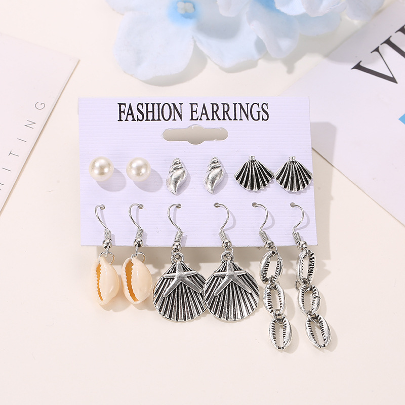 Earrings Summer Ocean Wind Shell Set Earrings 6 Pairs Pearl Conch Stud Earrings display picture 3