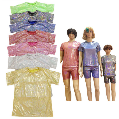 中性百搭男女新款儿童老人跳舞服嘻哈亮片镭射宽松短袖T恤街舞服