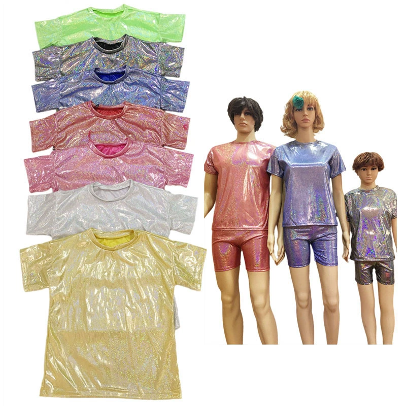 Унисекс Универсальный Унисекс Новый стиль детский и пожилой танцевальный костюм хип-хоп блестки Лазерная свободная футболка с короткими рукавами костюм для уличных танцев