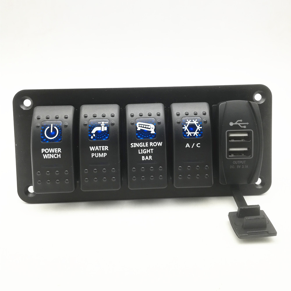 热销车船通用防水5路开关面板带双USB四个开关加开关式双USB组合