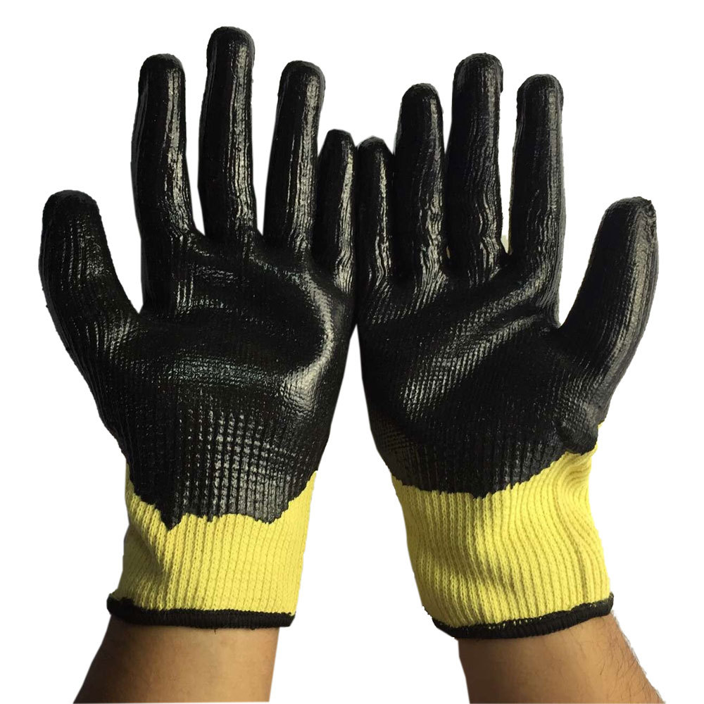 防切割5级芳纶1414手套玻璃木工劳保工作手套丁晴浸胶安全搬运