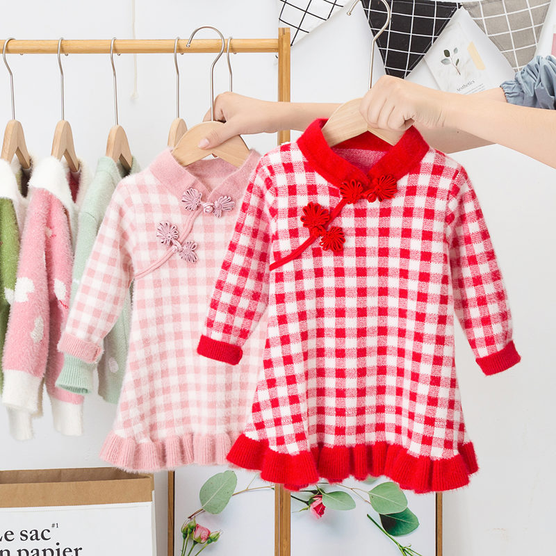 Herfst- en wintermeisjesnieuwe Chinese etnische stijl vierkante imitatie nertsfluweel Modieuze gebreide meisjesjurk_voghion.com