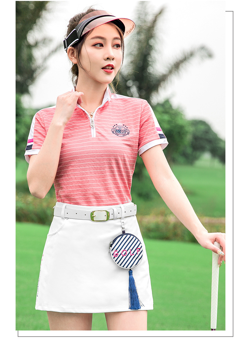 Bộ đồ golf nữ tay ngắn sọc mùa hè — YF075-màu xanh đậm, YF186 nữ sọc ngắn tay màu hồng trắng, YF186 nữ tay ngắn sọc xanh đậm trắng, YF075-màu đỏ hoa hồng chi tiết 8