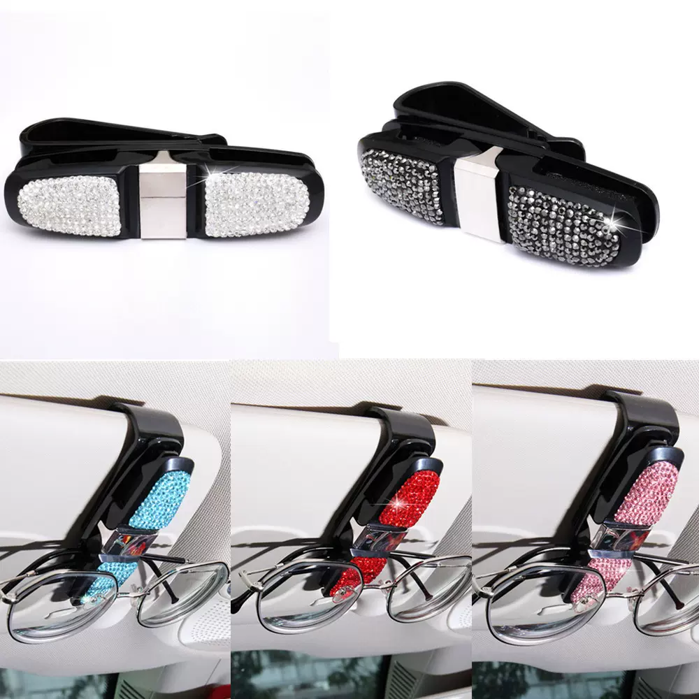 车载旋转眼镜夹新款镶钻双头汽车眼镜夹票据夹车用多功能眼镜夹女