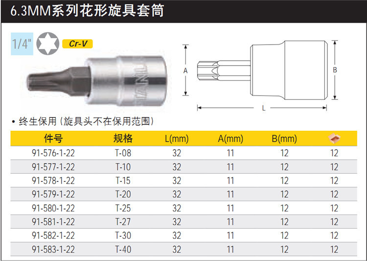 花形旋具套筒,史丹利/T8/6.3mm