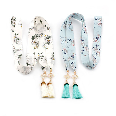 女碎花丝巾打结布 水晶流苏挂坠 细雪纺丝带绸连衣裙大衣腰封装饰|ru