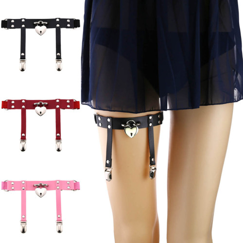 Trendy Japanese and Korean Harajuku soft girl peach heart love lock garter punk leather handmade elastic thigh ring
