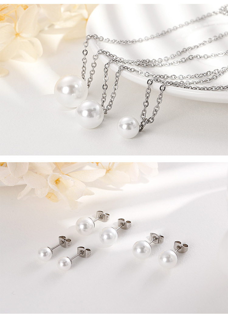 Korean fashion pearl pendant stainless steel earrings set wholesale Nihaojewelry