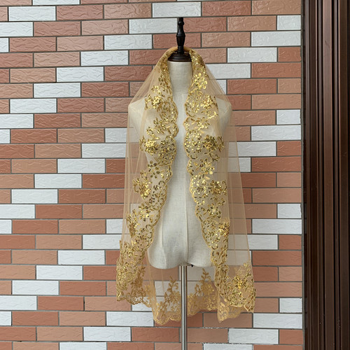 Gold sequin lace veil green with iron comb bridal tiara European and American short color wedding veil