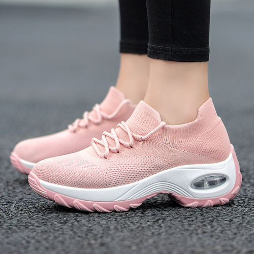 Cross-border plus-size women's shoes, lace-up air-cushion fly-knit sneakers, fashionable rocking shoes, casual shoes, versatile socks and shoes