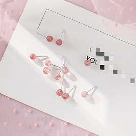 S925纯银耳钉女气质韩国个性简约草莓晶可爱日韩学生水晶圆耳饰