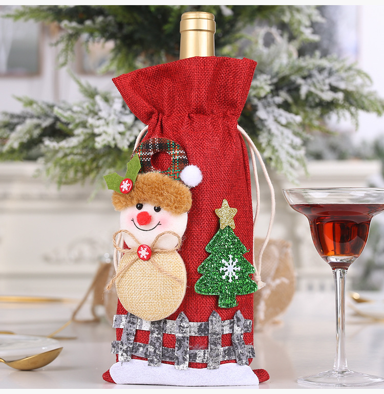 New Christmas Decorations Sackcloth Snow Cartoon Drawstring Wine Bottle Cover Lattice Doll Wine Bottle Bag Wholesale display picture 4