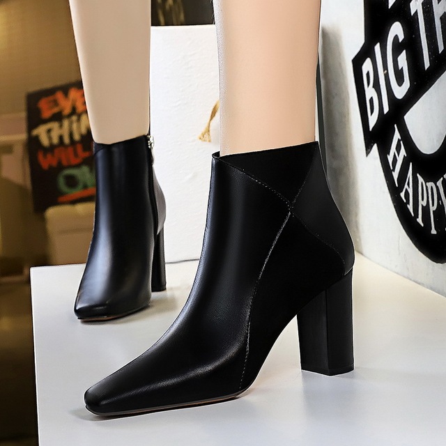 thin square head thick heel leather splicing Short Boots Knight