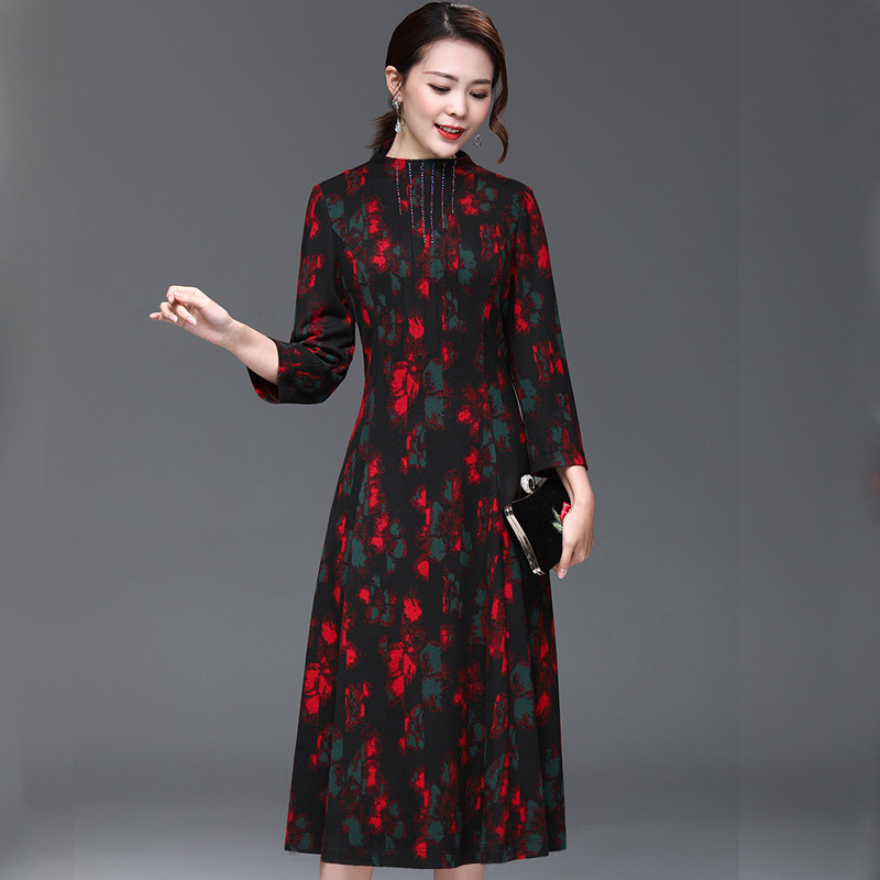 2020冬新款旗袍摆裙澳毛妈妈阔太太礼服大码过膝长款气质厂家原创
