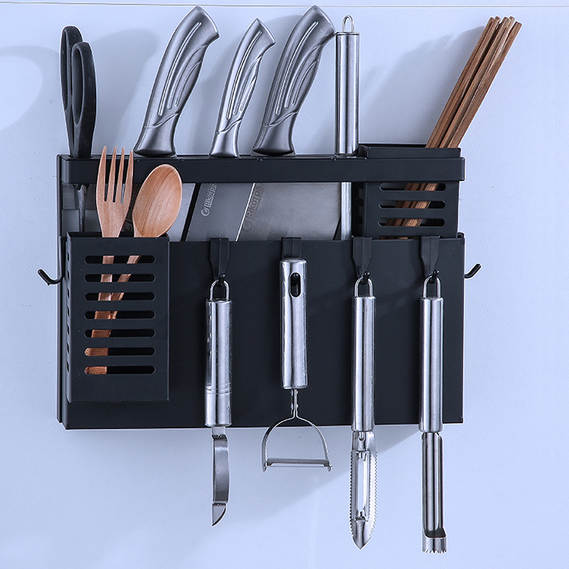 刀架筷子筒壁挂厨房置物架筷笼刀桶盒家用多功能免打孔黑色收纳架