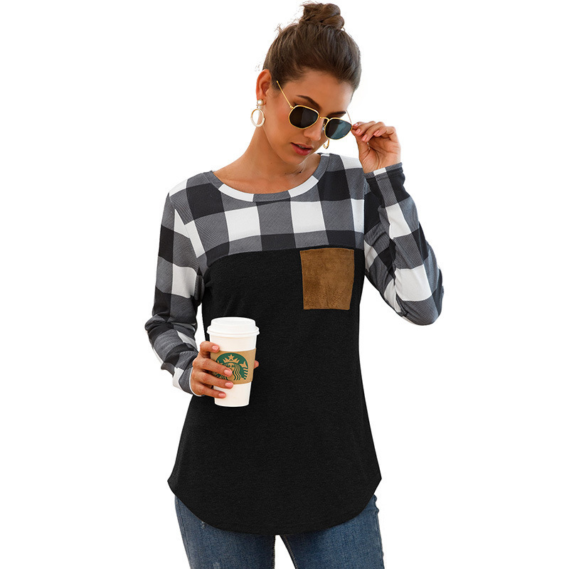 2020 European and American women's spring and summer new Amazon popular wish round neck Plaid splicing long sleeve pocket T-shirt