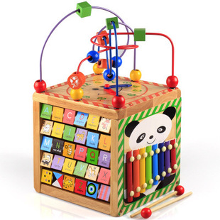 Multifunctional bead-winding treasure chest early education children's toys 1-2-4-5 years old four-sided panda bead-winding wooden toys