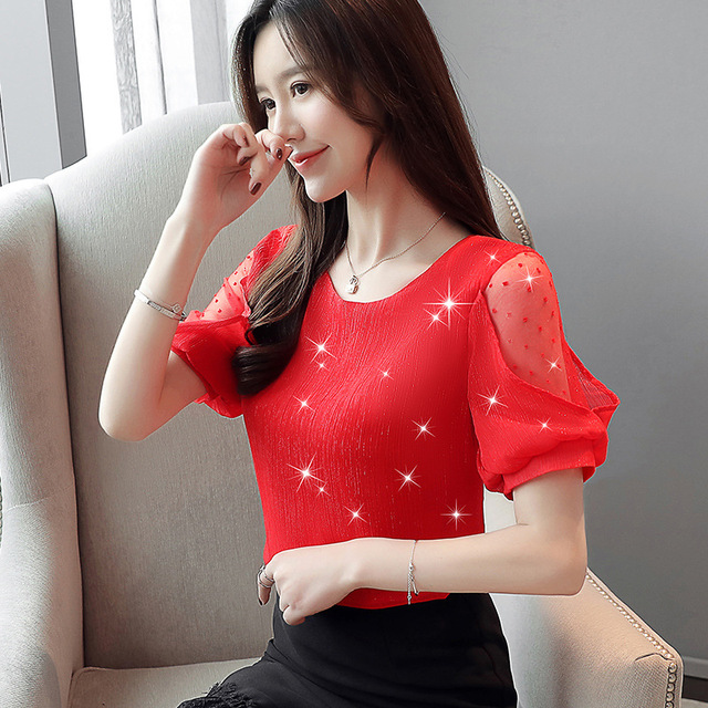 Chiffon Short Sleeve Blouse Sweet Shirt Women Summer 2019 New Round Neck Loose Shoulder Temperament Bottom Shirt