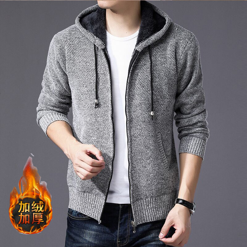 2019秋冬新款加绒开衫针织衫外套韩版时尚修身纯色连帽毛衣男热卖|ms