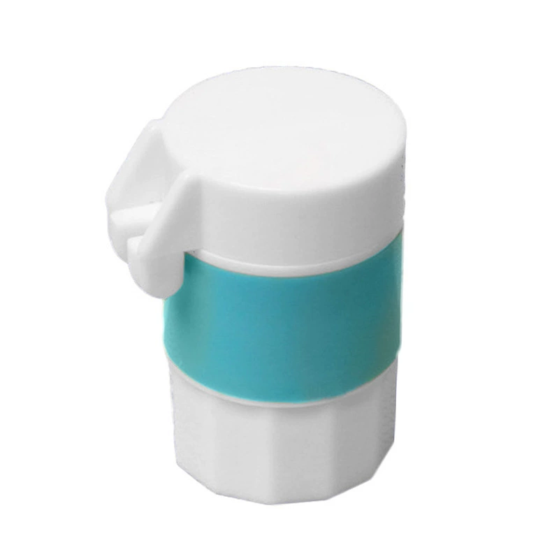 Four‑function pillbox — tablet cutter, grinder and storage, 6.3×3.7 cm, white+green or white+blue