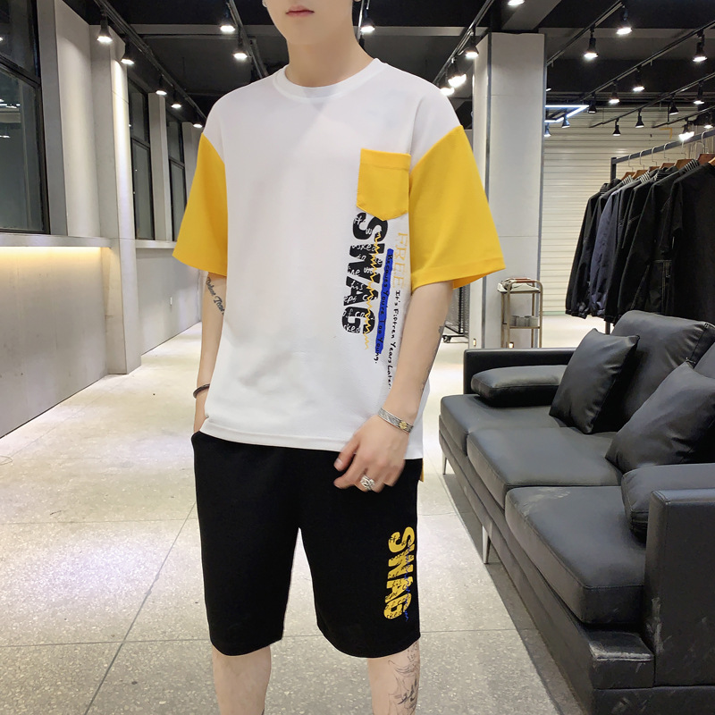 夏季运动套装男短袖t恤潮流2019新款夏天潮牌休闲男装两件套衣服|ms