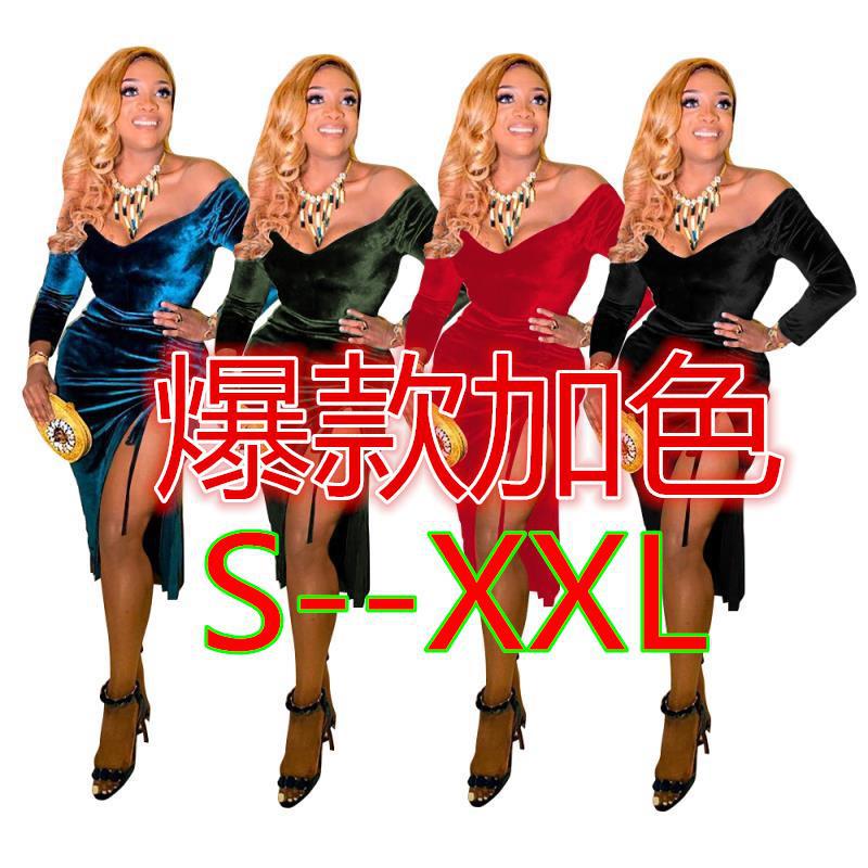 FA7074  欧美女装亚马逊爆款性感时尚气质 丝绒弹力褶皱连衣裙