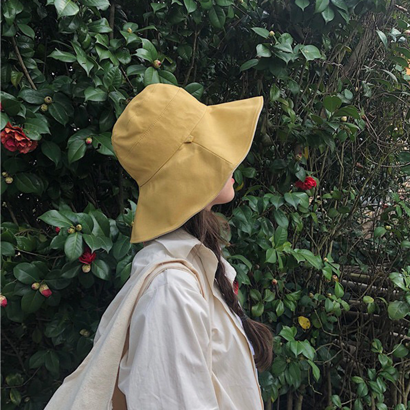 日系鹅黄色大檐双面渔夫帽子女韩版夏季遮阳防晒太阳帽防风骑车帽