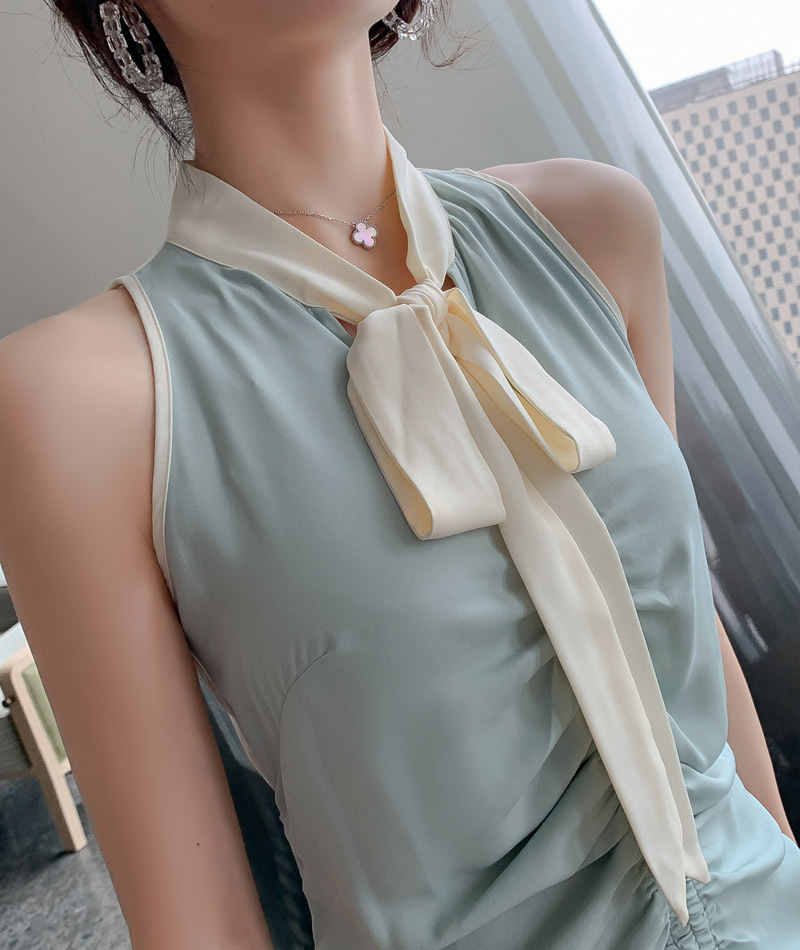 Đầm maxi nữ thắt eo cổ buộc dây xếp ly thanh lịch — Màu xanh lam chi tiết 13