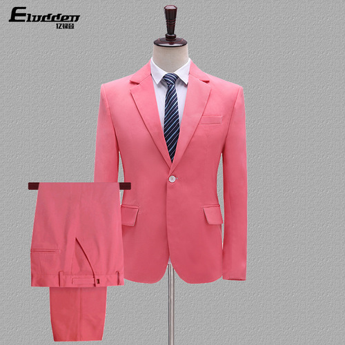 Colorful pink yellow blue  youth men music production suit singers host stage dress blazers and pants groomsman photos shooting costumes pink blue and yellow