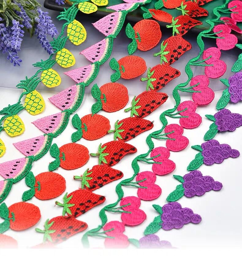 15码/条水溶蕾丝花边水果花型色线绣花服装辅料宽花边刺绣花边
