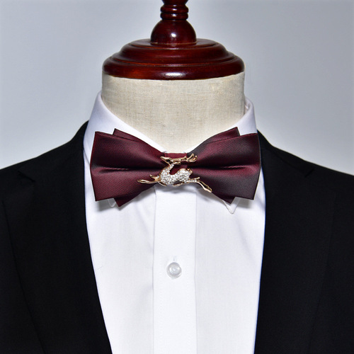 Lace Tie for Men, Groom's Wedding Celebration, Festive Wine Red Solid Color Buttonhole with English Style Bow, French Pure Color Double Layer Black