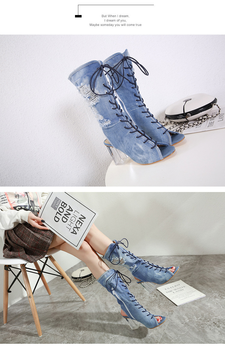 women s thick heel fish mouth strap denim boots nihaostyles wholesale clothing NSSO81997