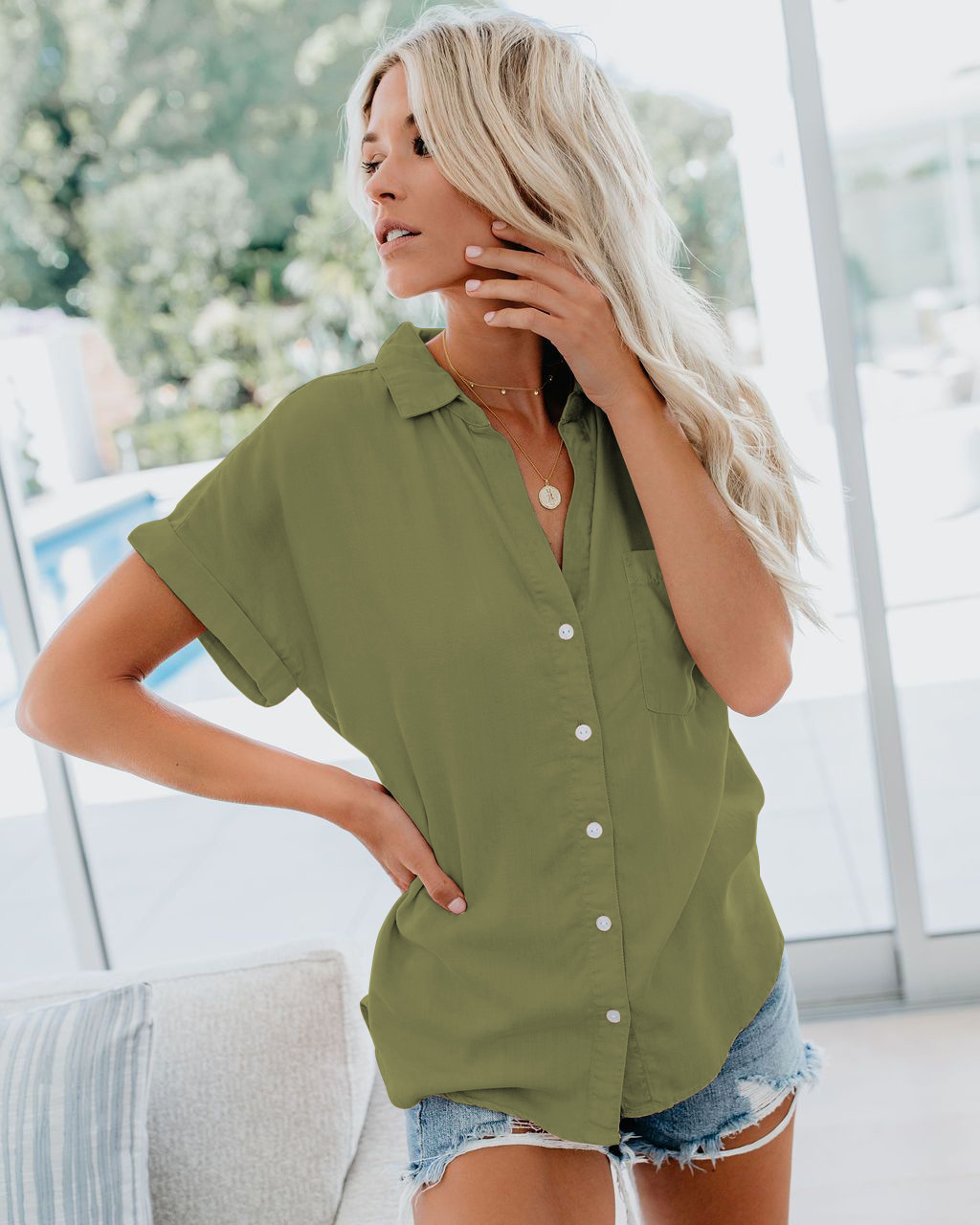 solid color loose casual short-sleeved shirt NSSE36085