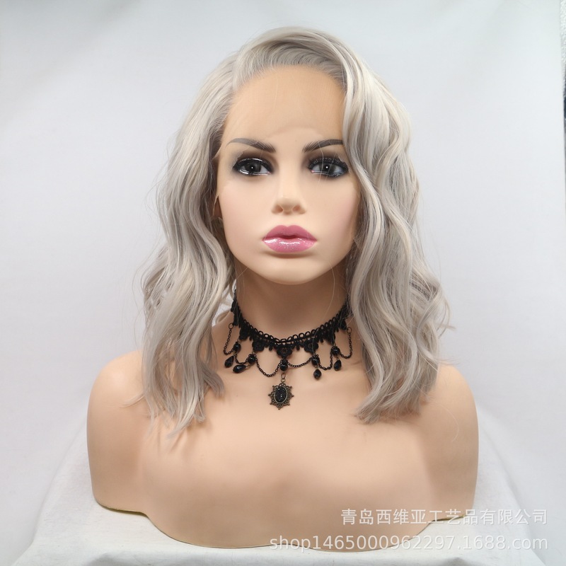 Amazon AliExpress female wig Gray free points short curly hair chemical fiber front lace wigs a generation of hair Amazon AliExpress female wig Gray free points short curly hair chemical fiber front lace wigs a generation of hair