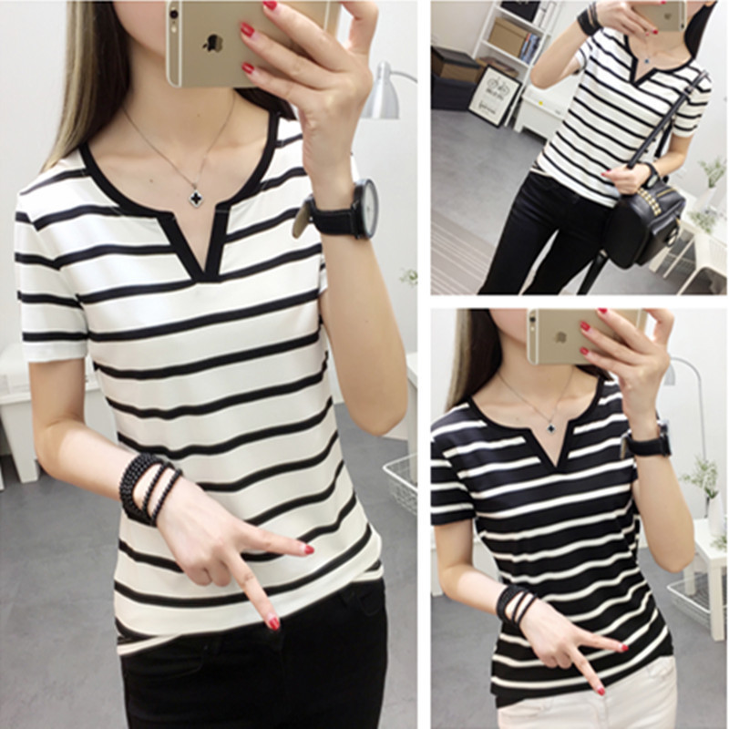 Cross-Border Trbottomy Large Size Bottoming Shirt Women's Trbottomy Elastic Top Women's Summer 2023 V Neck Short-Sleeved T-Shirt Women's Stripesd Loose