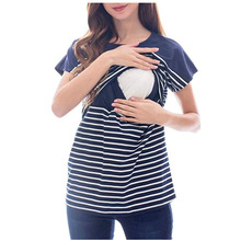 亚马逊2019热卖新款女士孕妇护理哺乳装圆领短袖条纹拼接T恤衫夏