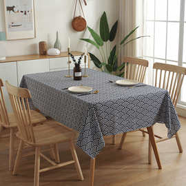 乐轩秀日式和风复古海浪纹棉麻餐桌布蓝色几何格子桌布摄背景布