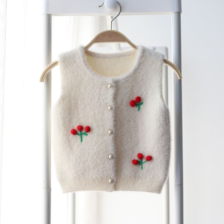 樱桃手工花开衫马甲