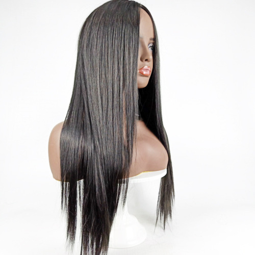 Women's African Black Center Part Long Straight Wavy Human Hair Wig for International Trade - Cross-border E-commerce Supply - High Temperature Heat-resistant Machine-made Full Wig