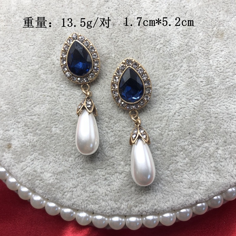 Blue Gemstone Ear Studs Vintage Ear Studs Baroque Water Drop Pearl Stud Earrings display picture 1