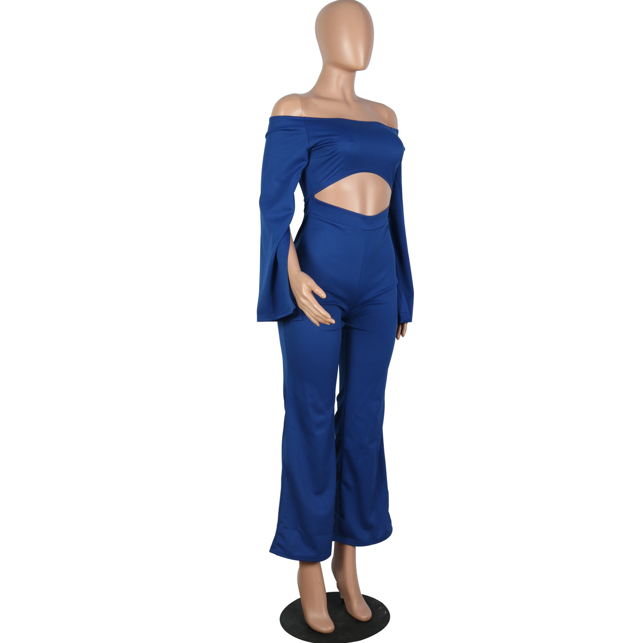 Boutique Casual Solid Color Long Sleeves Cropped off Shoulder Jumpsuit
