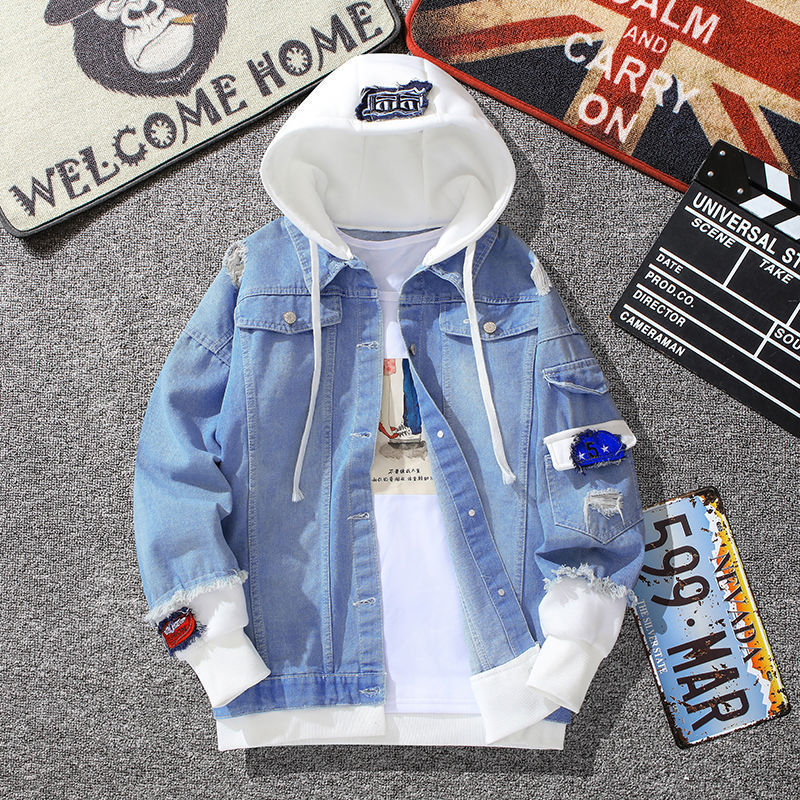 Autumn and Winter Hooded Denim Jacket Men's Korean Fashionable Student Jacket Slim-fit Handsome Fake Two-piece Clothes Men's Clothing